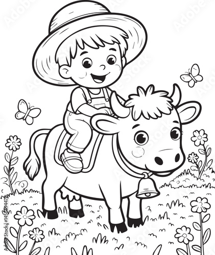Cute boy enjoying with cow black line art vector illustration for coloring page or book design