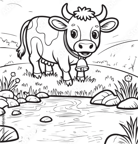 Cute cartoon cow farm animal coloring page for kids, black line art vector illustration for children book design
