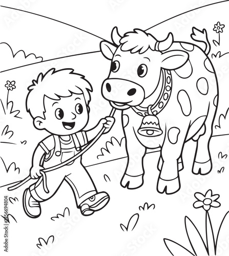 Cute boy enjoying with cow black line art vector illustration for coloring page or book design