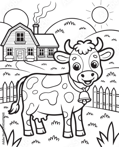 Cute cow farm animal coloring page for kids, black line art vector illustration for children book design
