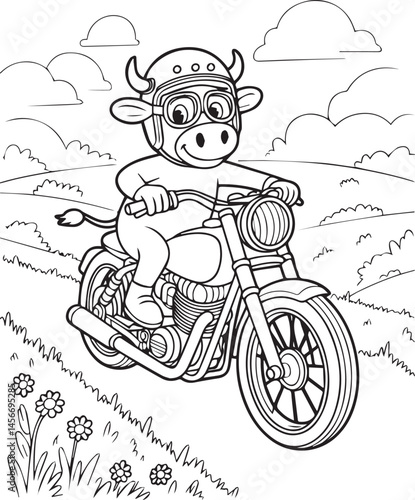 Cute cow riding a motorcycle and wearing sunglass black line art vector illustration for children funny coloring book design