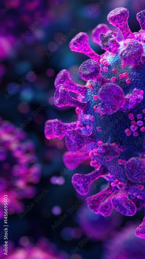 Microscopic view of virus cell structure purple and blue color scheme detailed render abstract medical illustration