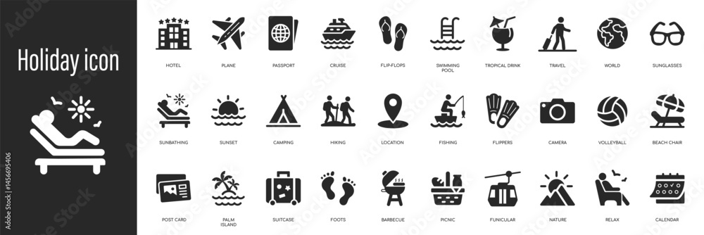 Holiday icon set. Vacation, plane, passport icon Holiday icon set. Vacation, plane, passport icon