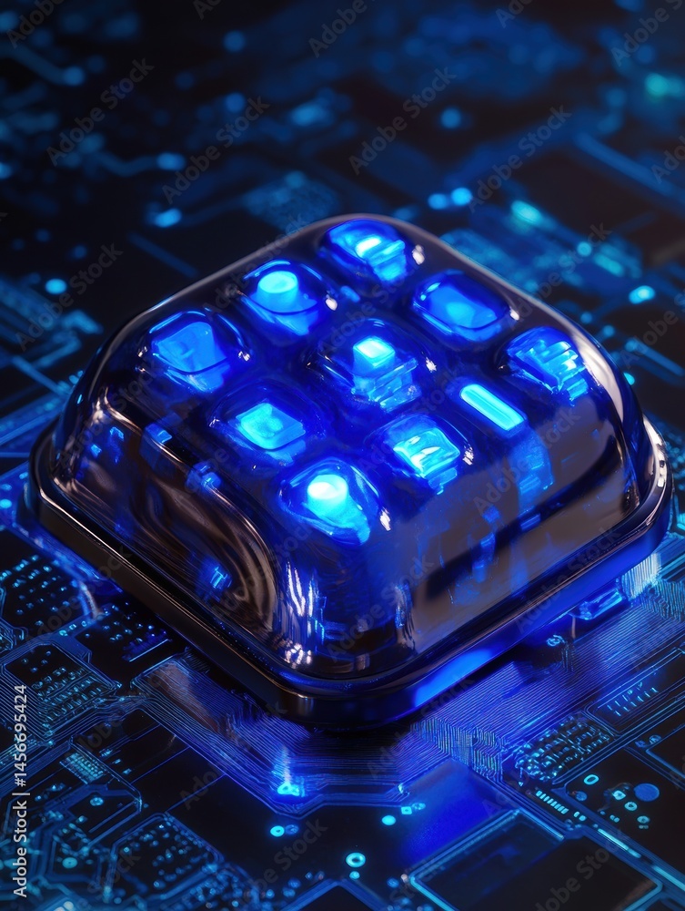 Futuristic glowing keypad on circuit board close up shot technology concept digital interface innovation