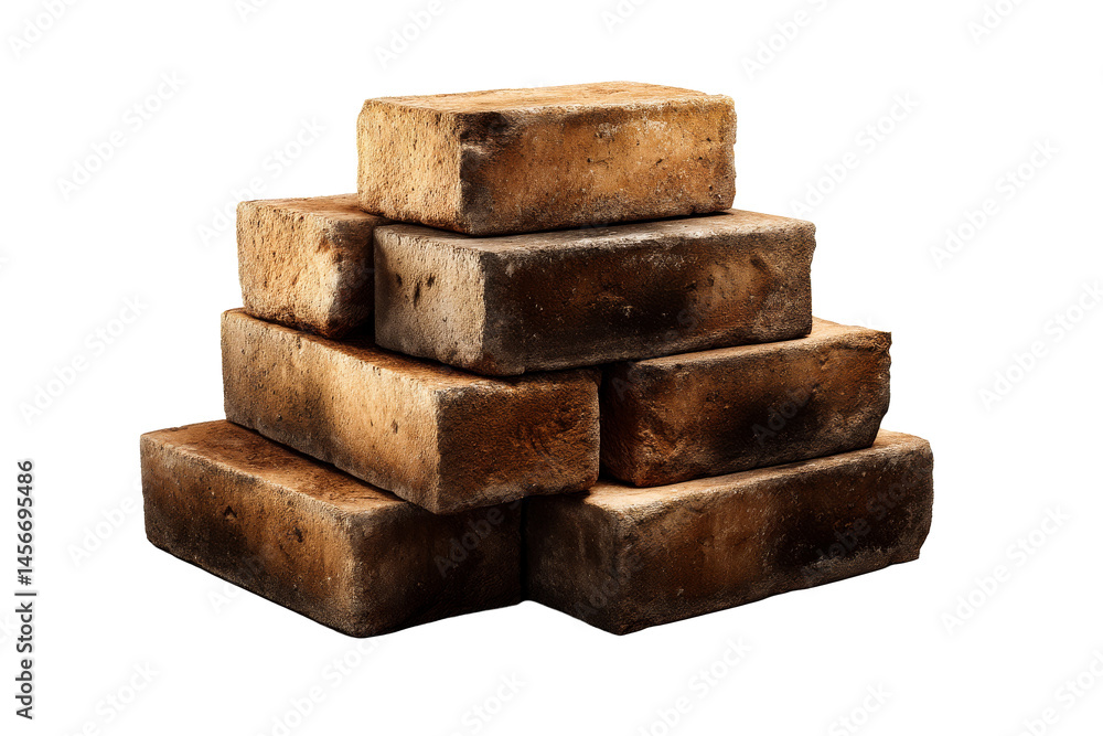 Stack of rustic bricks on a transparent background