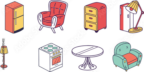 Set of colorful furniture and home appliance icons, editable stroke