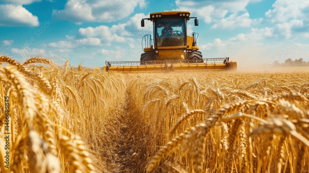 Fototapeta premium Golden wheat field being harvested by a tractor