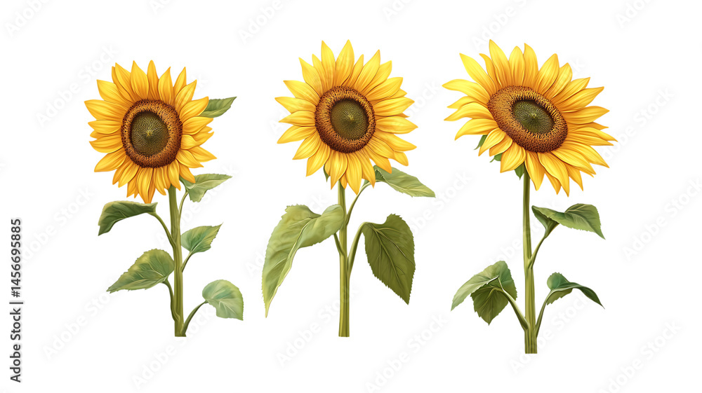 Obraz premium Collection Pack of Three Vibrant Sunflowers on Black Background set against transparent background