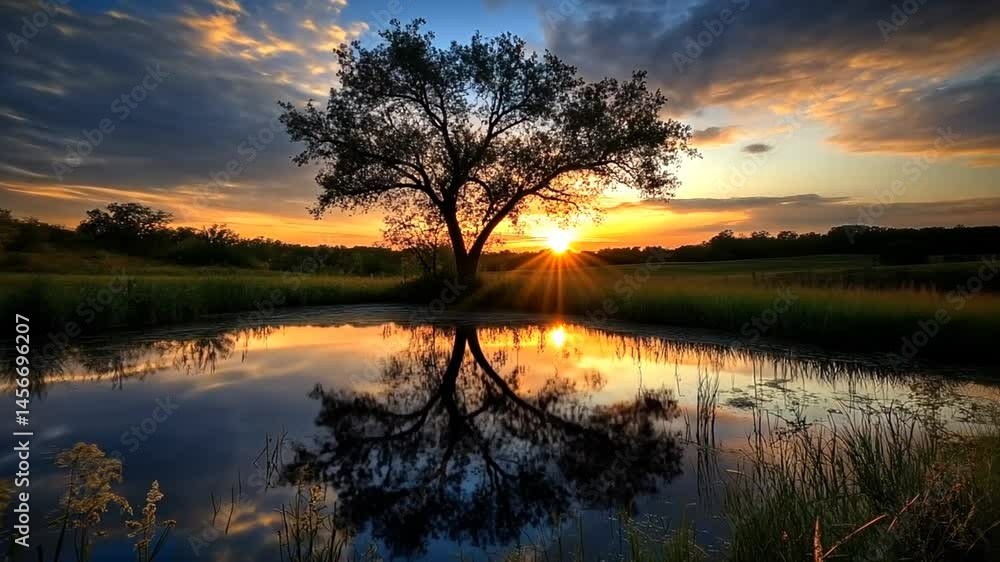 A silhouetted tree with stunning reflection in the pond beneath a vibrant, glowing sunset. A silhouetted tree with stunning reflection in the pond beneath a vibrant, glowing sunset.