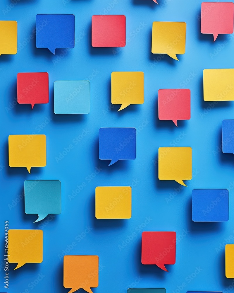 Colorful speech bubbles on blue background, top-down view, communication concept, social media, message, opinion, feedback, dialogue, conversation