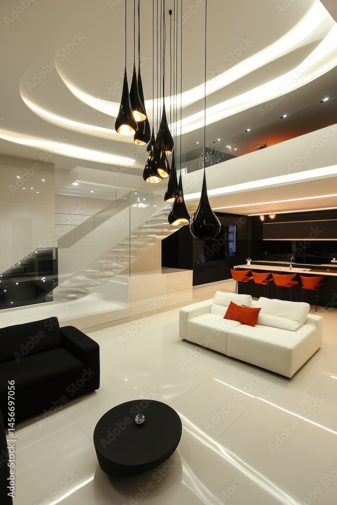 Modern Living Room Interior Design with Black Pendant Lights and White Furniture High Angle View
