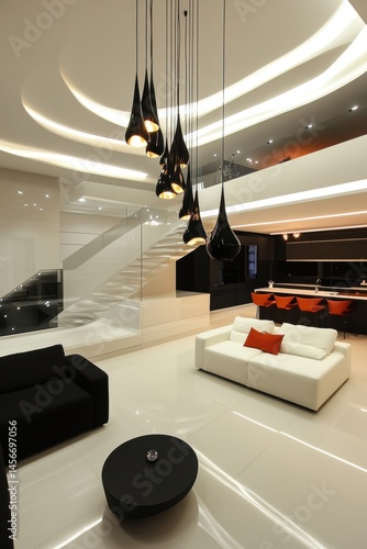 Obraz na płótnie Modern Living Room Interior Design with Black Pendant Lights and White Furniture High Angle View w salonie