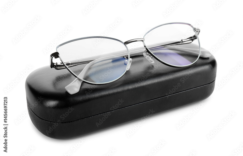 Case with stylish glasses isolated on white Case with stylish glasses isolated on white