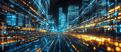 Digital Cityscape Visualization of Data Flowing Through a Futuristic Network in Blue and Orange Tones