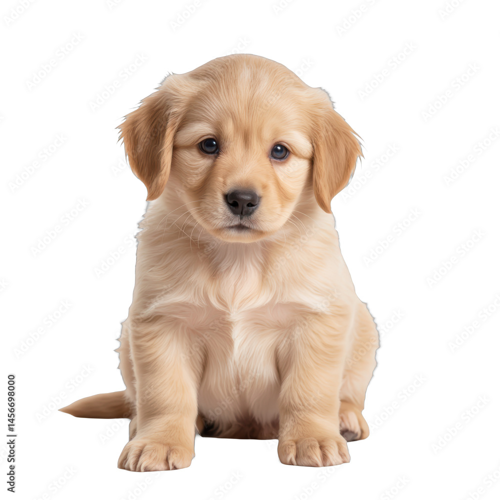 Obraz premium Playful golden retriever puppy, adorable young dog with soft fur and curious expression, perfect for pet-themed projects. Isolated on white background or PNG