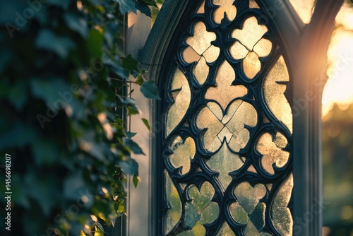 A sunlit Gothic-style stained glass window framed by ivy, showcasing intricate details and a touch of age.