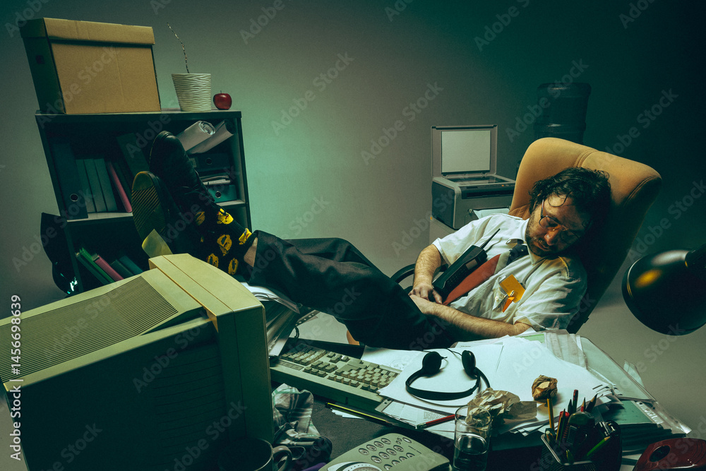 Man with glasses feel asleep in office chair with his legs on desk, surrounded by papers and computer. Overwhelming work and the need for rest. Concept of burnout, retro office, and fatigue.