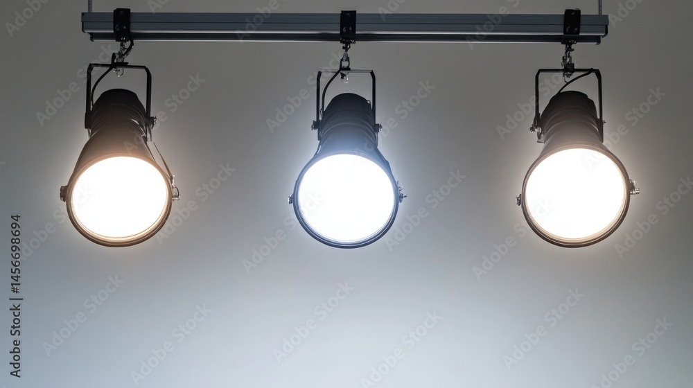 Lighting grid on ceiling of professional photo studio with suspended LED lights and modifiers Lighting grid on ceiling of professional photo studio with suspended LED lights and modifiers