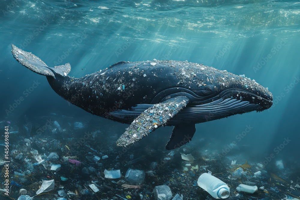 Fototapeta premium Whale swimming in plastic-polluted ocean waters