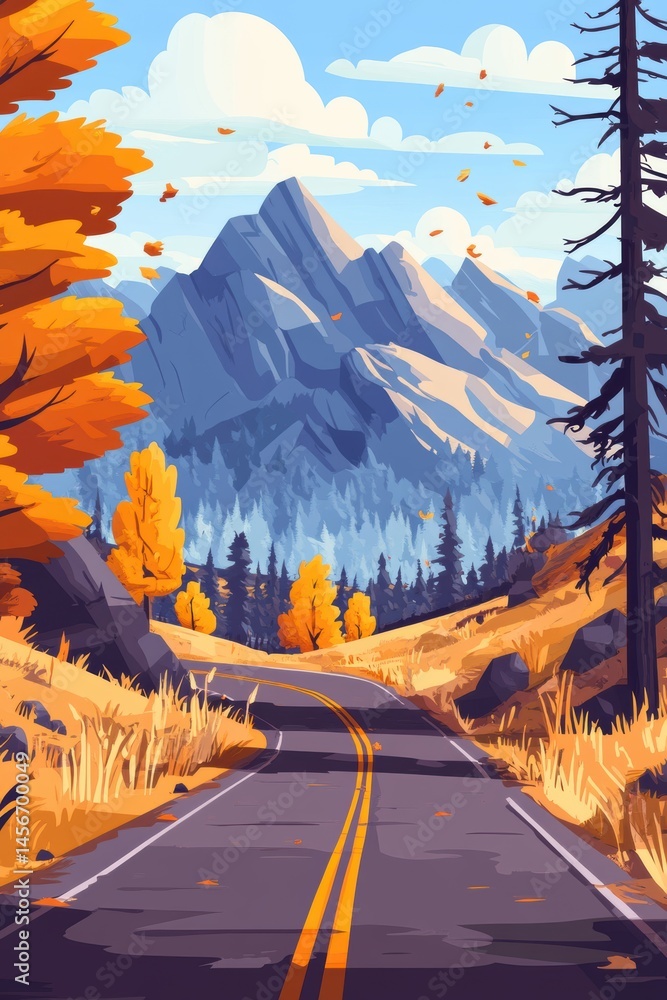 Autumn Road Trip Vector Illustration Serene Mountain Landscape with Fall Foliage and Winding Road Scenic View