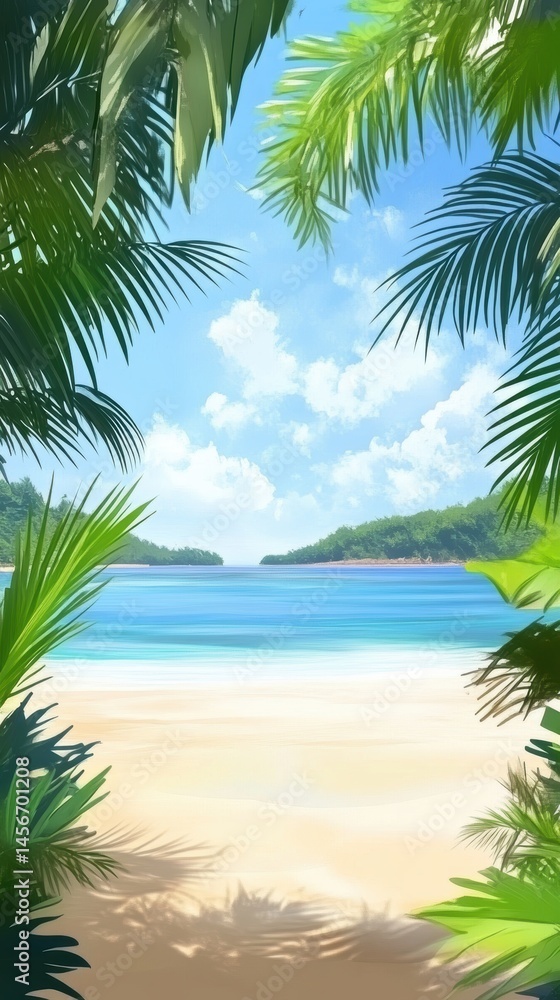 Tropical Beach Paradise View Through Palm Trees on Sunny Day; Serene Coastal Scene with Turquoise Water and White Sand; Vacation Destination; Artistic Impression