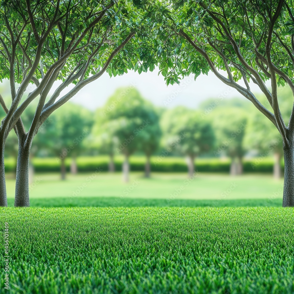 Lush Green Park Landscape with Trees Framing the View Serene Nature Scene in Summer Daylight
