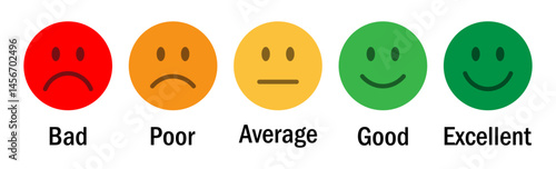 Feedback scale with five colorful emoticons representing ratings from Bad to Excellent on a white background, useful for surveys, reviews, and customer satisfaction forms. Feedback, emoji, icons.