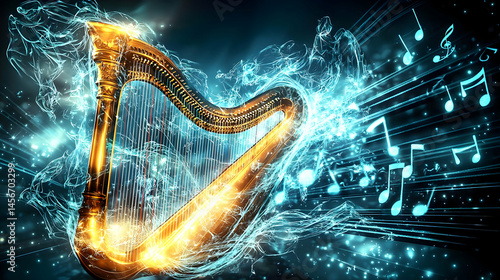 Golden harp surrounded by musical notes and ethereal smoke, a vibrant display of musical artistry