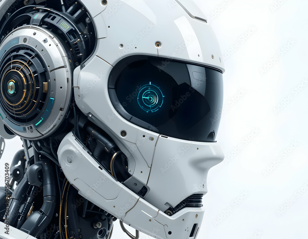 Fototapeta premium Robot Head Close-up with Futuristic Design and Tech Details