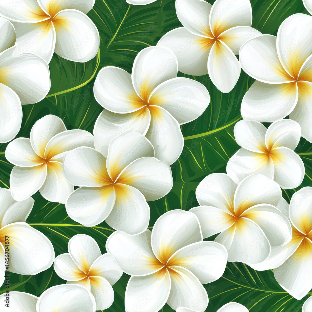 Fototapeta premium Seamless pattern of Tiare flowers with vibrant green leaves, creating tropical feel summer