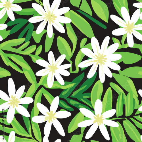 Seamless pattern featuring Tiare flowers and lush green leaves on dark background summer