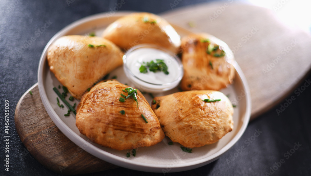 Composition with a plate of oven-baked pierogi Composition with a plate of oven-baked pierogi
