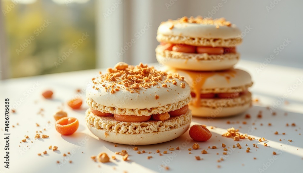 Delicious macarons displayed on table indoor setting food photography natural light close-up view culinary art Delicious macarons displayed on table indoor setting food photography natural light close-up view culinary art