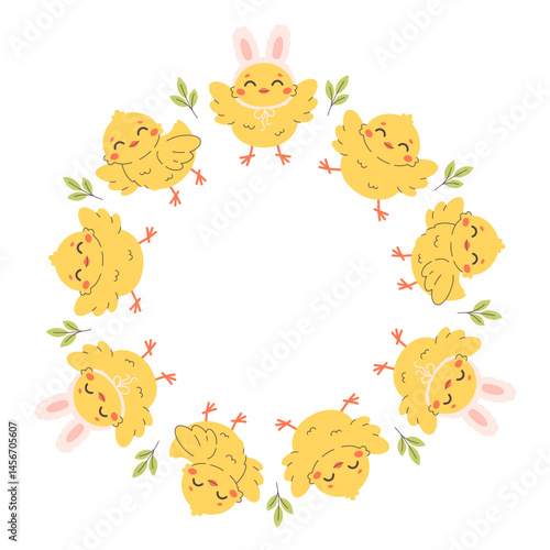 Easter chicks circle frame. Cute hand drawn Easter chicks round frame in doodle style. Circular template. Vector illustration in flat style