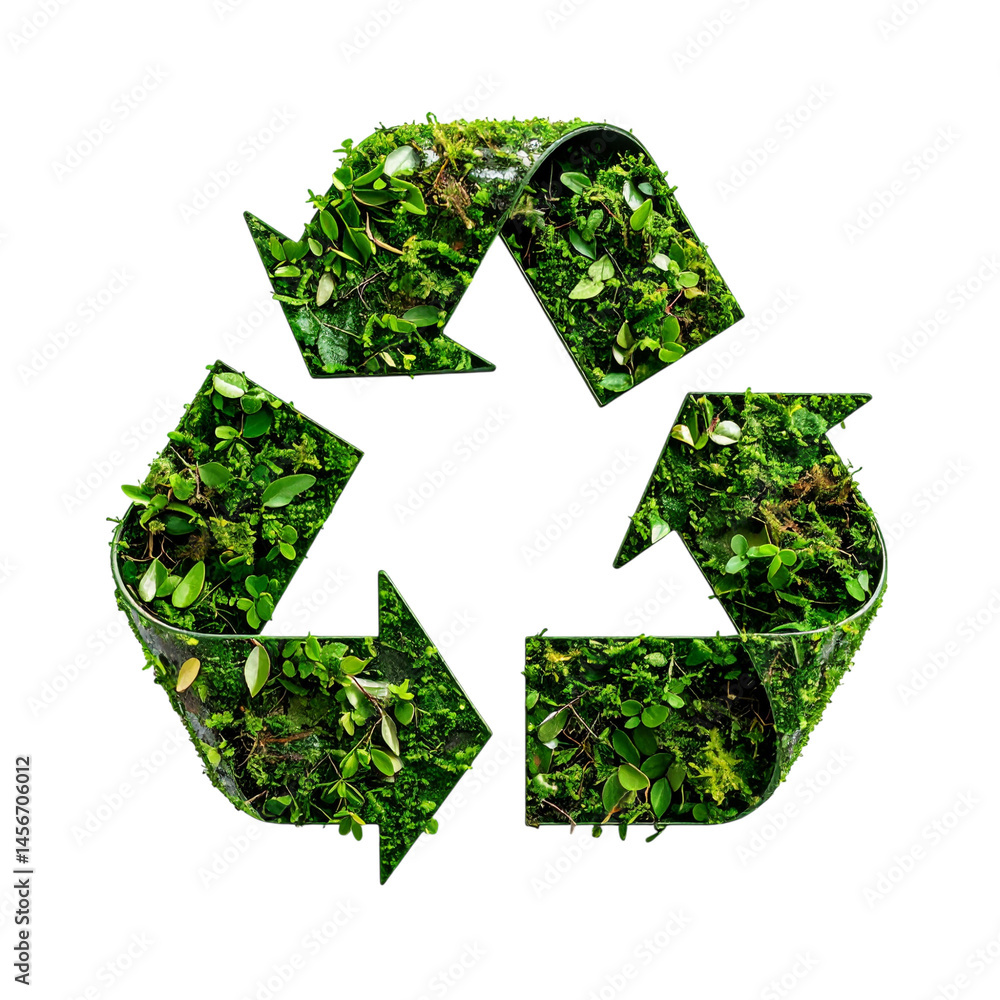 A recycle symbol filled with green plants and foliage. A recycle symbol filled with green plants and foliage.