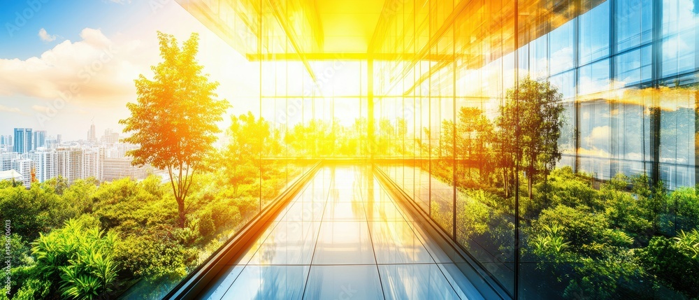 Modern Office Building Interior View with Greenery and Cityscape in Background, Bright Sunny Day, Architecture Design, Sustainable Environment