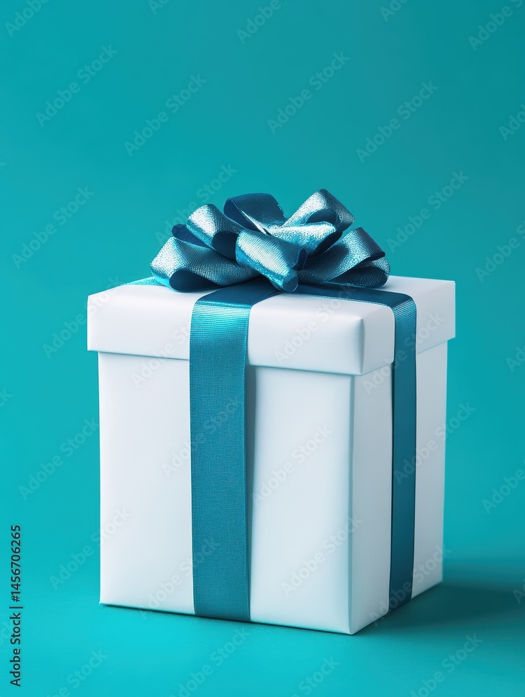 Square white gift box with blue ribbon and bow on turquoise background studio shot close up festive present