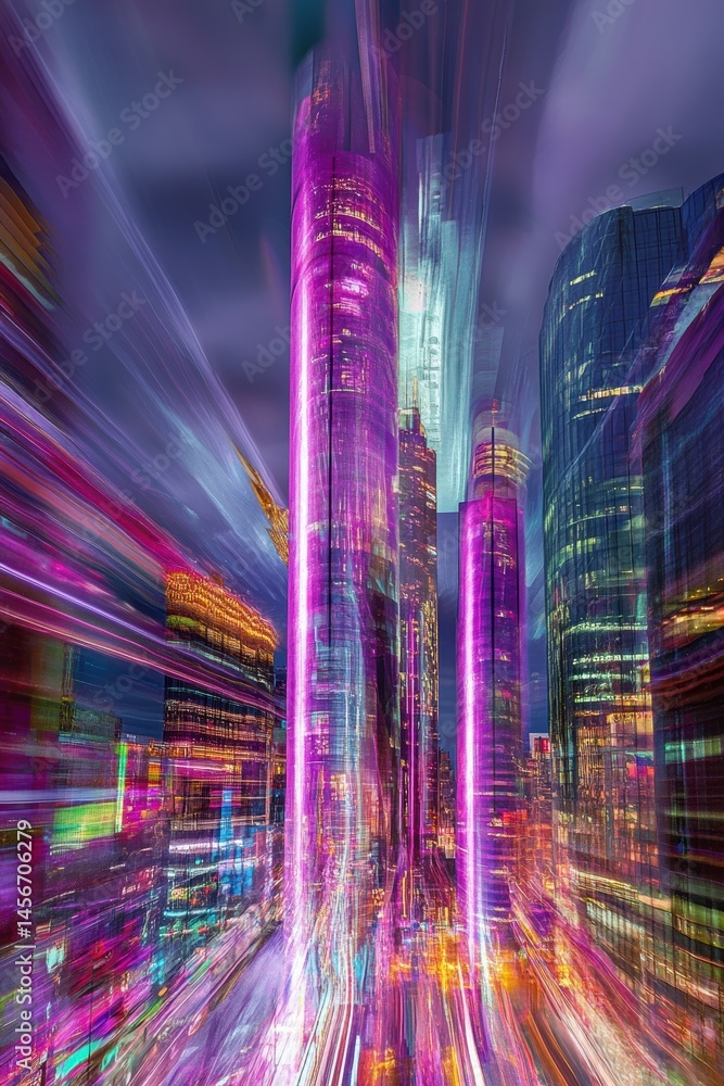 Abstract Cityscape at Night with Motion Blur Effect in Urban Location with Tall Buildings and Vibrant Colors