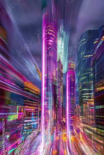 Abstract Cityscape at Night with Motion Blur Effect in Urban Location with Tall Buildings and Vibrant Colors