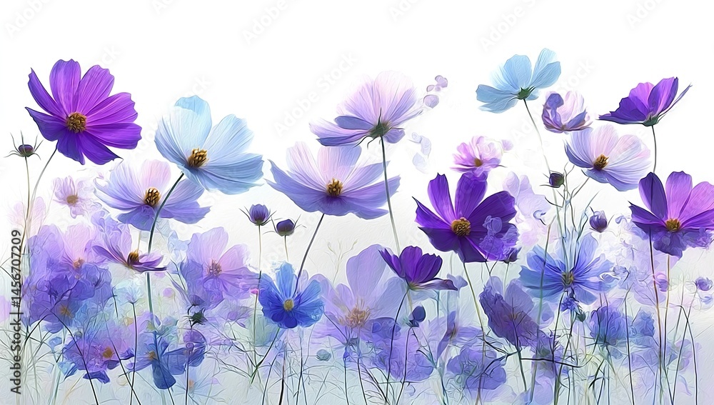 A digital art illustration of a field full of cosmos flowers, with purple and blue petals in A digital art illustration of a field full of cosmos flowers, with purple and blue petals in