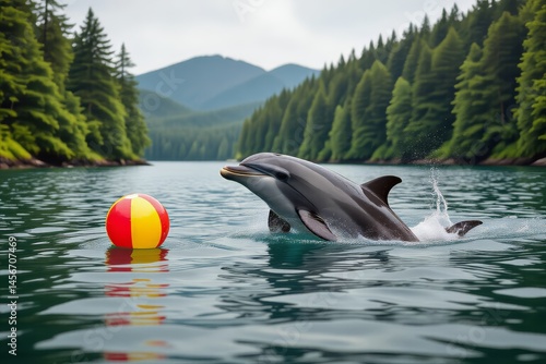 Dolphin with beach ball jumps out of water, playful expression. Concept of dolphin with beach ball captures joyfulness in nature, showcasing animals in serene environment.