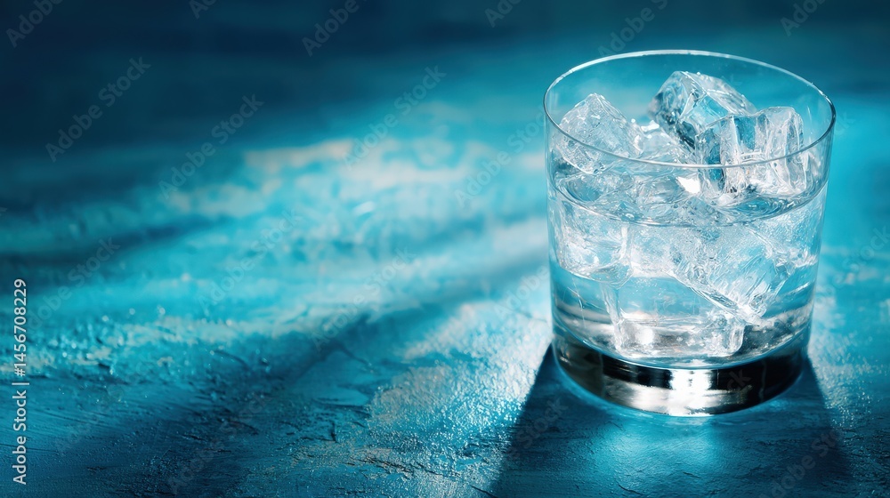 A clear glass filled with ice cubes sits on a textured blue surface under cool lighting. A clear glass filled with ice cubes sits on a textured blue surface under cool lighting.