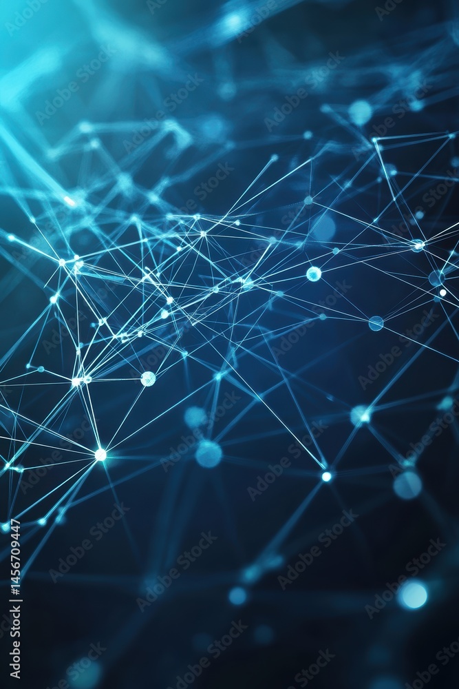 Abstract network visualization connecting points with lines in blue tone for science and technology concepts showing connection and communication