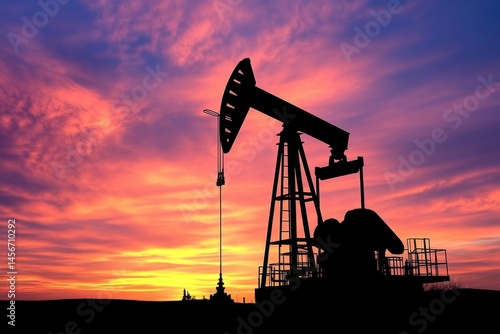 Oil pump jack silhouetted against vibrant sunset sky in remote industrial landscape