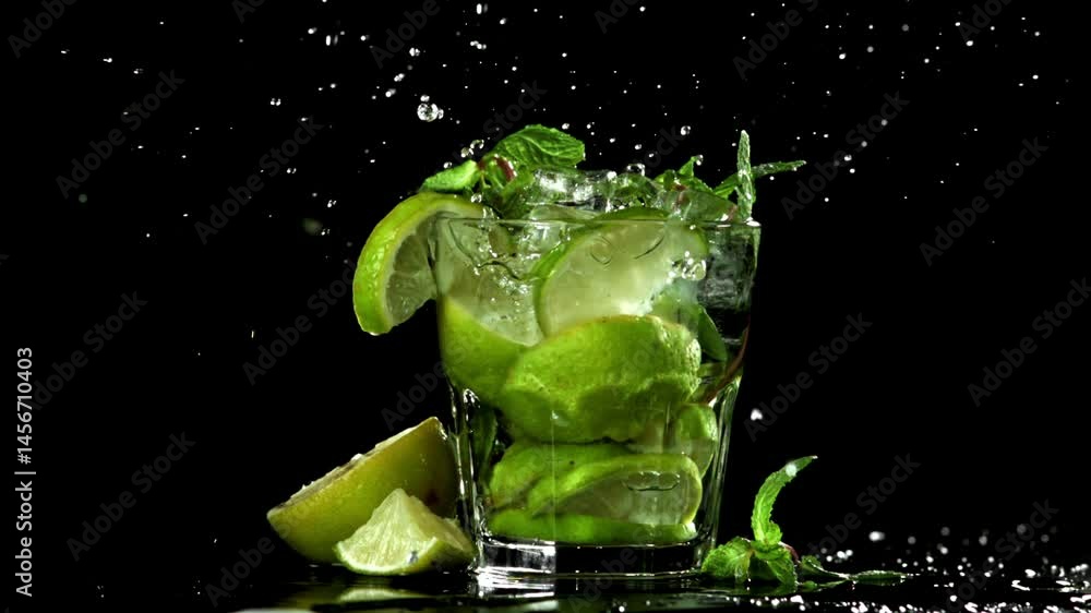 Ice falls into a mojito cocktail. Filmed on a high-speed camera at 1000 fps. High quality FullHD footage Ice falls into a mojito cocktail. Filmed on a high-speed camera at 1000 fps. High quality FullHD footage