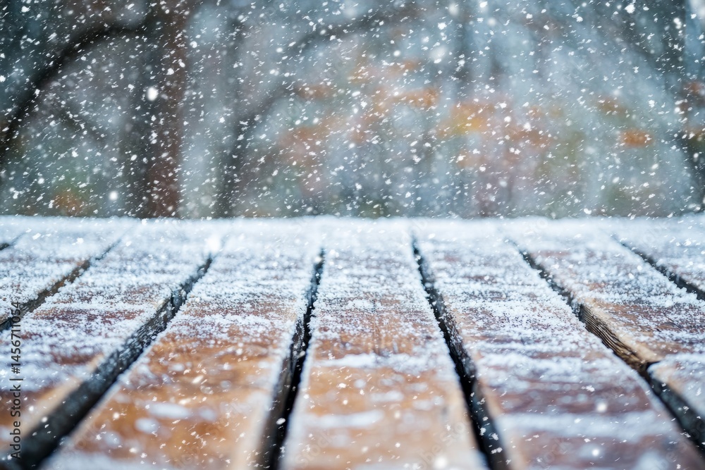 Fototapeta premium Winter snowfall covering wooden surface with fresh powder and soft blurred forest background