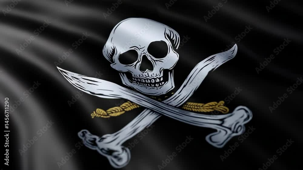 Waving pirate flag featuring skull and crossbones, silver and gold on black background, symbolic pirate symbol.