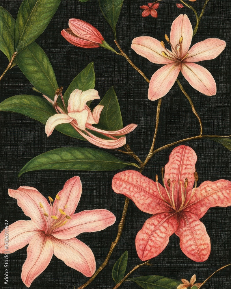 Botanical illustration of pink lilies with green leaves on a dark background close up vintage style art