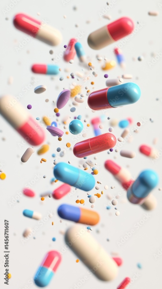 Capsules and Pills Floating in Air on White Background Close Up View for Health and Medicine Concept with Pharmaceutical Drugs