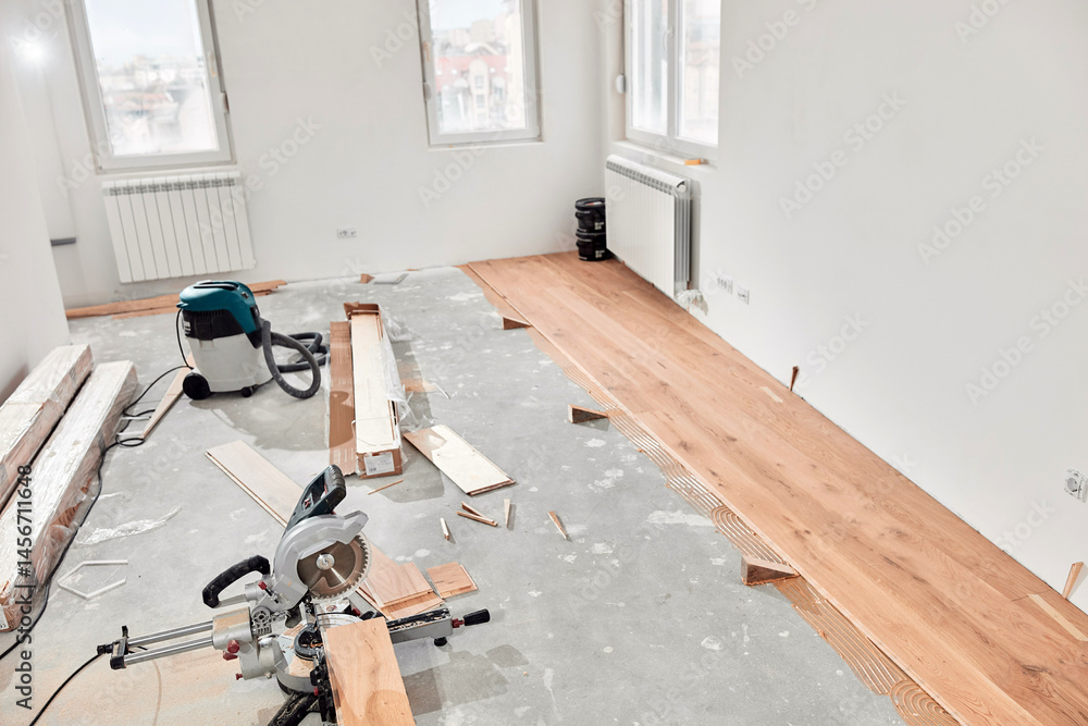 Circular saw for cutting laminate hardwood floor.